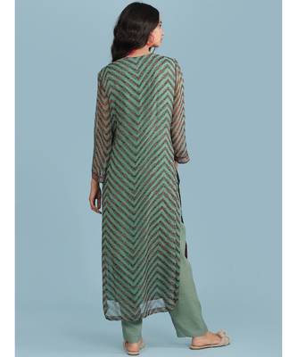Green Printed 3/4 Sleeve Kurta With Pant And Dupatta 4