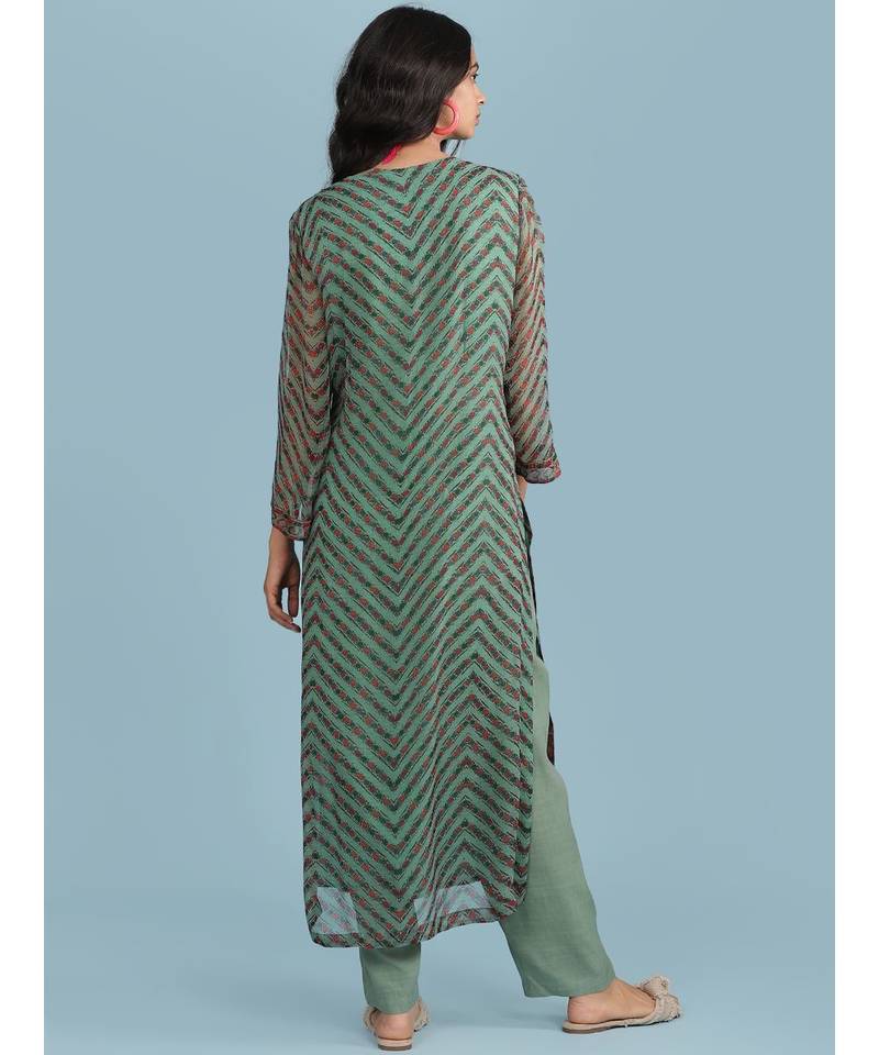 Green Printed 3/4 Sleeve Kurta With Pant And Dupatta