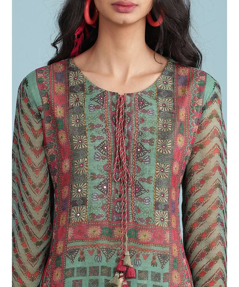 Green Printed 3/4 Sleeve Kurta With Pant And Dupatta