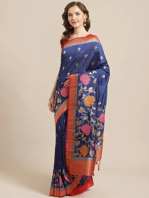 Shaily Women's Navy Blue Silk Blend Woven Zari Saree 1