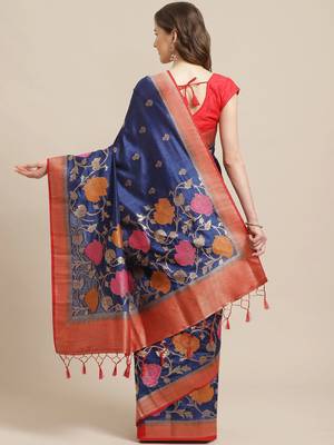 Shaily Women's Navy Blue Silk Blend Woven Zari Saree 2