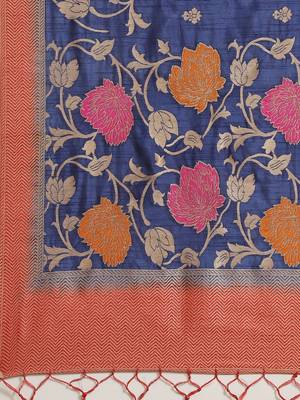 Shaily Women's Navy Blue Silk Blend Woven Zari Saree 3