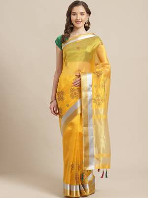 Shaily Women's Yellow Silk Blend Embroidery Saree 1