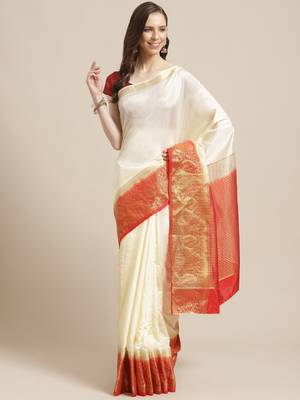 Shaily Women's Off White & Red Silk Blend Woven Zari Saree 1