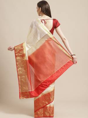 Shaily Women's Off White & Red Silk Blend Woven Zari Saree 2