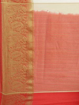 Shaily Women's Off White & Red Silk Blend Woven Zari Saree 3