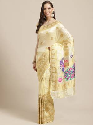 Shaily Women's Off White Silk Blend Woven Zari Saree 1
