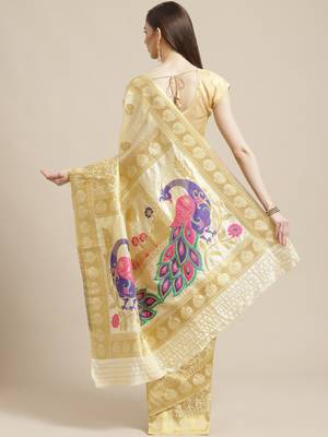 Shaily Women's Off White Silk Blend Woven Zari Saree 2