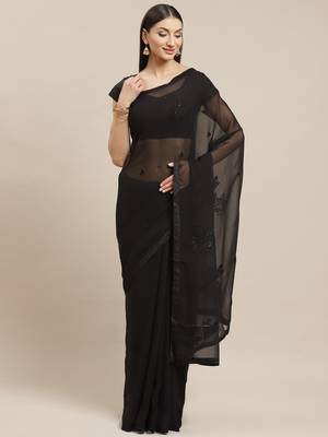 Shaily Women's Black Georgette Embroidered Saree 1