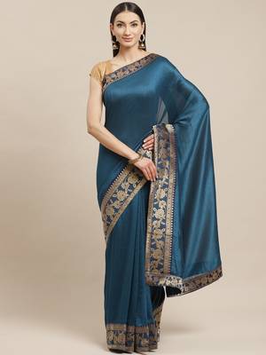 Shaily Women's Turquoise Blue Silk Blend Brocade Lace Saree 1