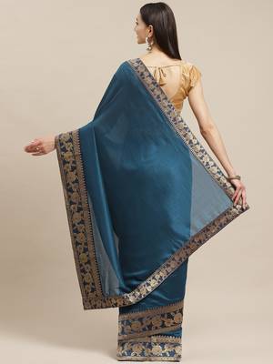 Shaily Women's Turquoise Blue Silk Blend Brocade Lace Saree 2