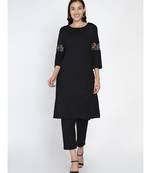 black cotton flex straight kurta with lace inserts at sleeve