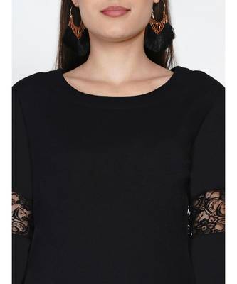 black cotton flex straight kurta with lace inserts at sleeve 2