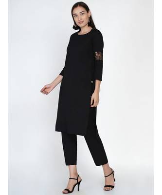 black cotton flex straight kurta with lace inserts at sleeve 4