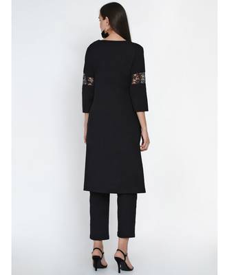black cotton flex straight kurta with lace inserts at sleeve 5