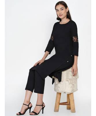 black cotton flex straight kurta with lace inserts at sleeve 6