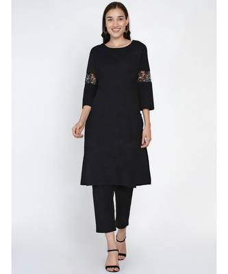 black cotton flex set of straight kurta with lace insert at sleeve and straight pants 1