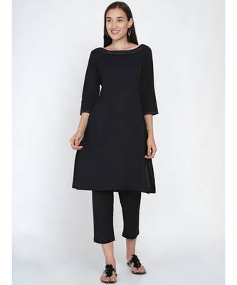 black cotton flex set of A line kurta with contrast top stitch pleat and straight pants 1