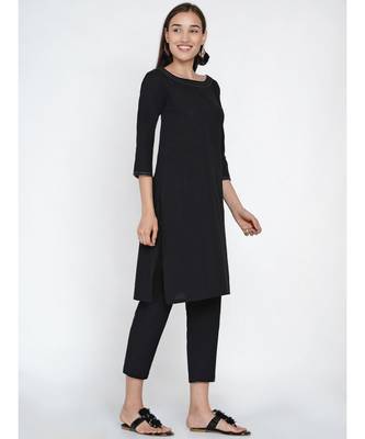 black cotton flex set of A line kurta with contrast top stitch pleat and straight pants 3