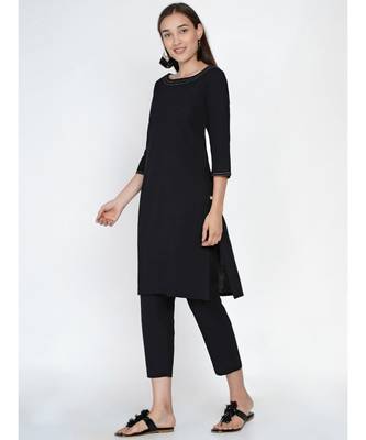 black cotton flex set of A line kurta with contrast top stitch pleat and straight pants 4