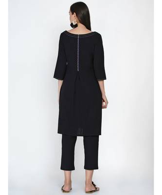 black cotton flex set of A line kurta with contrast top stitch pleat and straight pants 5