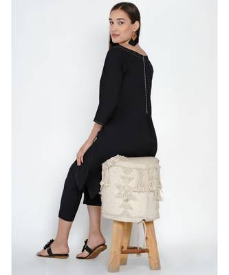 black cotton flex set of A line kurta with contrast top stitch pleat and straight pants 6