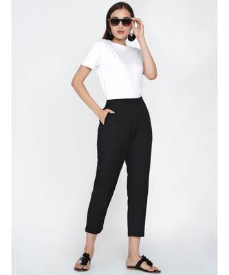 black cotton flex set of A line kurta with contrast top stitch pleat and straight pants 7