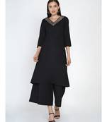 black cotton flex Aline kurta with a V neck embellished with jacquard lace and black culotte pant