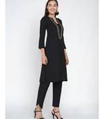 black flex straight kurta with jacquard lace at neck