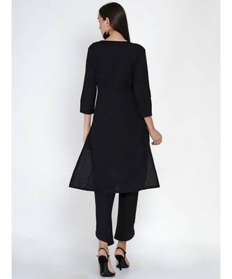 black flex straight kurta with jacquard lace at neck 4