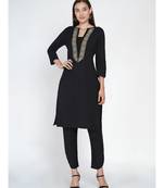 black cotton flex set of petal pants and straight kurta with jacquard lace at neck