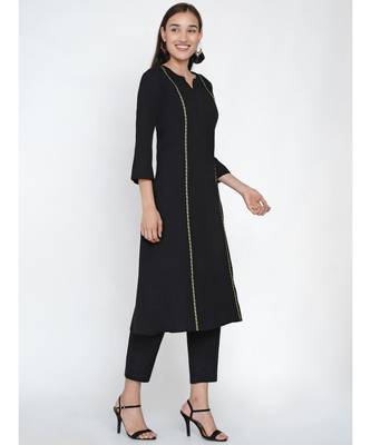 black cotton flex princess seam kurta embellished with a jacquard lace 1