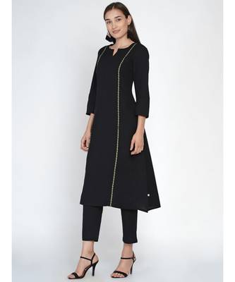 black cotton flex princess seam kurta embellished with a jacquard lace 3