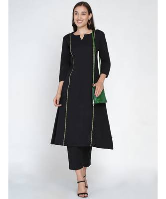 black cotton flex princess seam kurta embellished with a jacquard lace 5