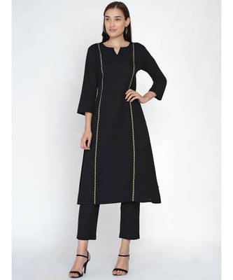 black cotton flex princess seam kurta embellished with a jacquard lace 6