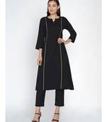 set of black cotton flex princess seam kurta embellished with a jacquard lace and straight pants
