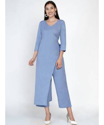 cotton flex blue jumpsuit with an overlap panel and tie up 1