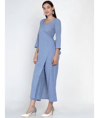 cotton flex blue jumpsuit with an overlap panel and tie up 4