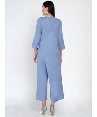 cotton flex blue jumpsuit with an overlap panel and tie up 5