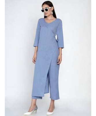cotton flex blue jumpsuit with an overlap panel and tie up 6