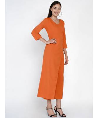 cotton flex rust orange jumpsuit with an overlap panel and tie up 1
