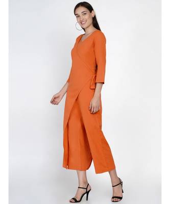 cotton flex rust orange jumpsuit with an overlap panel and tie up 3