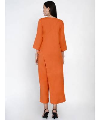 cotton flex rust orange jumpsuit with an overlap panel and tie up 4