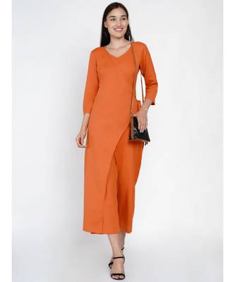 cotton flex rust orange jumpsuit with an overlap panel and tie up 5