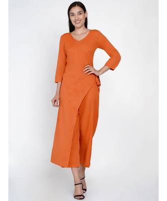 cotton flex rust orange jumpsuit with an overlap panel and tie up 6