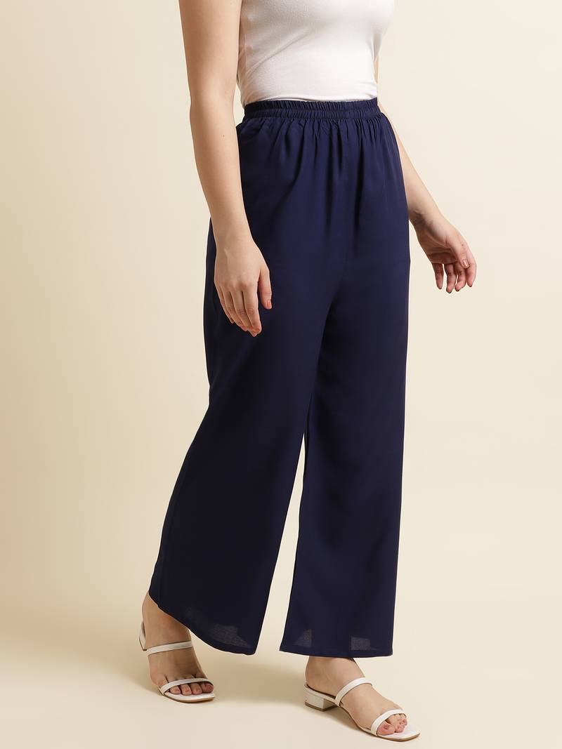 Fabclub Women Rayon Solid Plain Free Size Palazzo (Navy Blue)