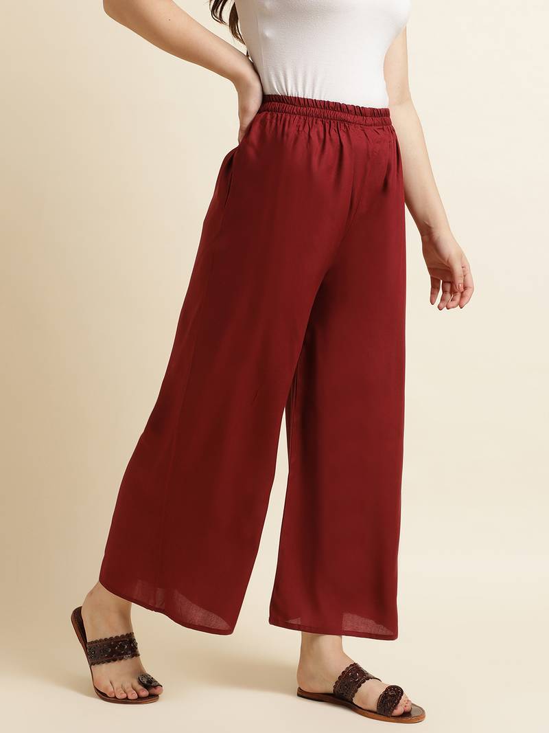 Fabclub Women Rayon Solid Plain Free Size Palazzo (Maroon)