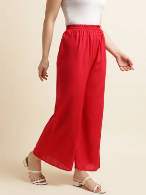 Fabclub Women Rayon Solid Plain Free Size Palazzo (Red) 2