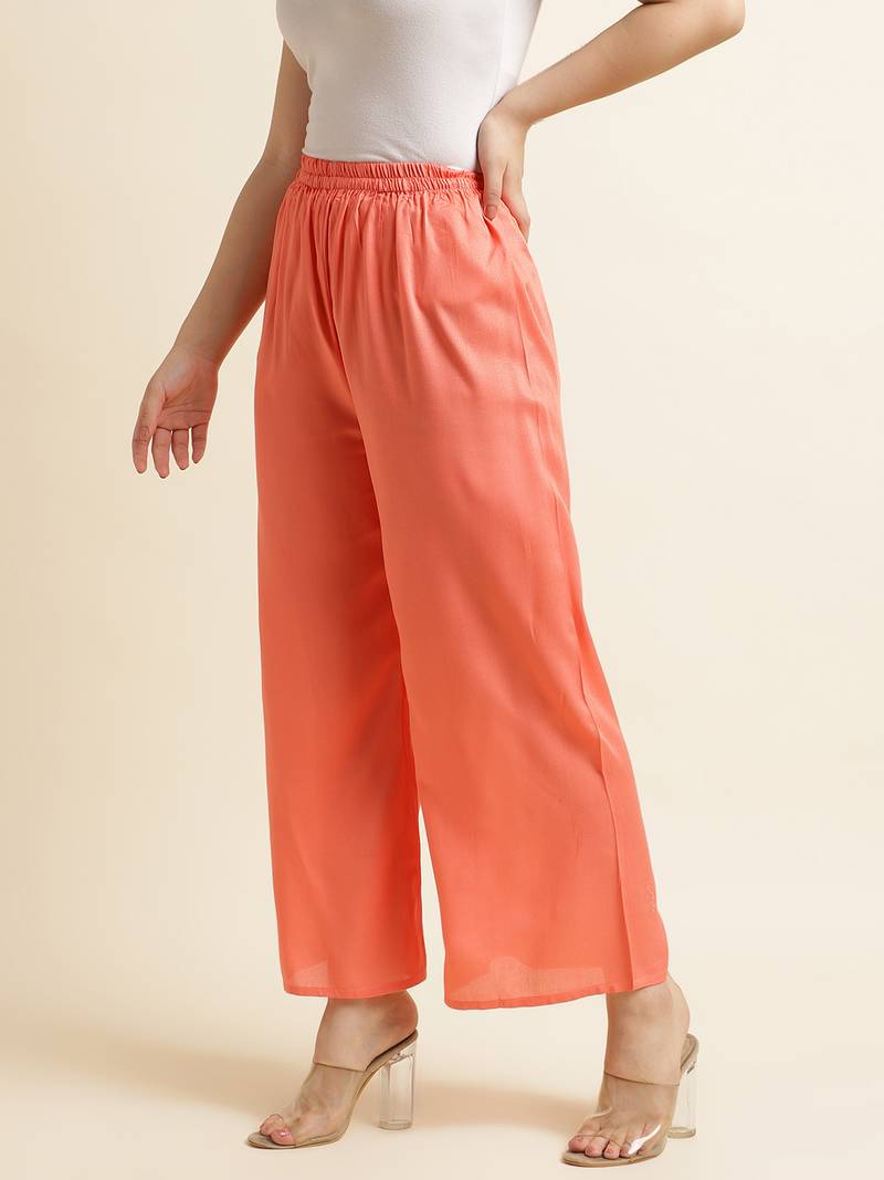 Fabclub Women Rayon Solid Plain Free Size Palazzo (Peach)