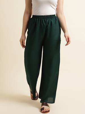 Fabclub Women Rayon Solid Plain Free Size Palazzo (Dark Green) 2